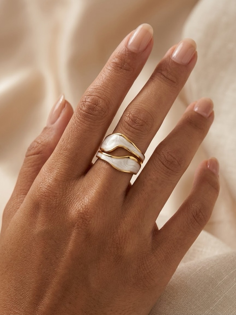 White Enamel Wave Ring Adjustable Gold Plated